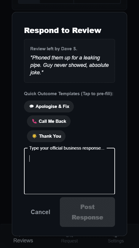 TradeTrust 3-Tap Quick Reply Modal